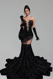 Beaded Illusion Mermaid Gloves Gown - LAROSABRIDE