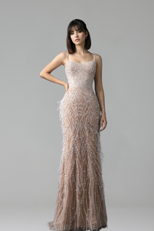 Feather-Accented Spaghetti Mermaid Dress - LAROSABRIDE