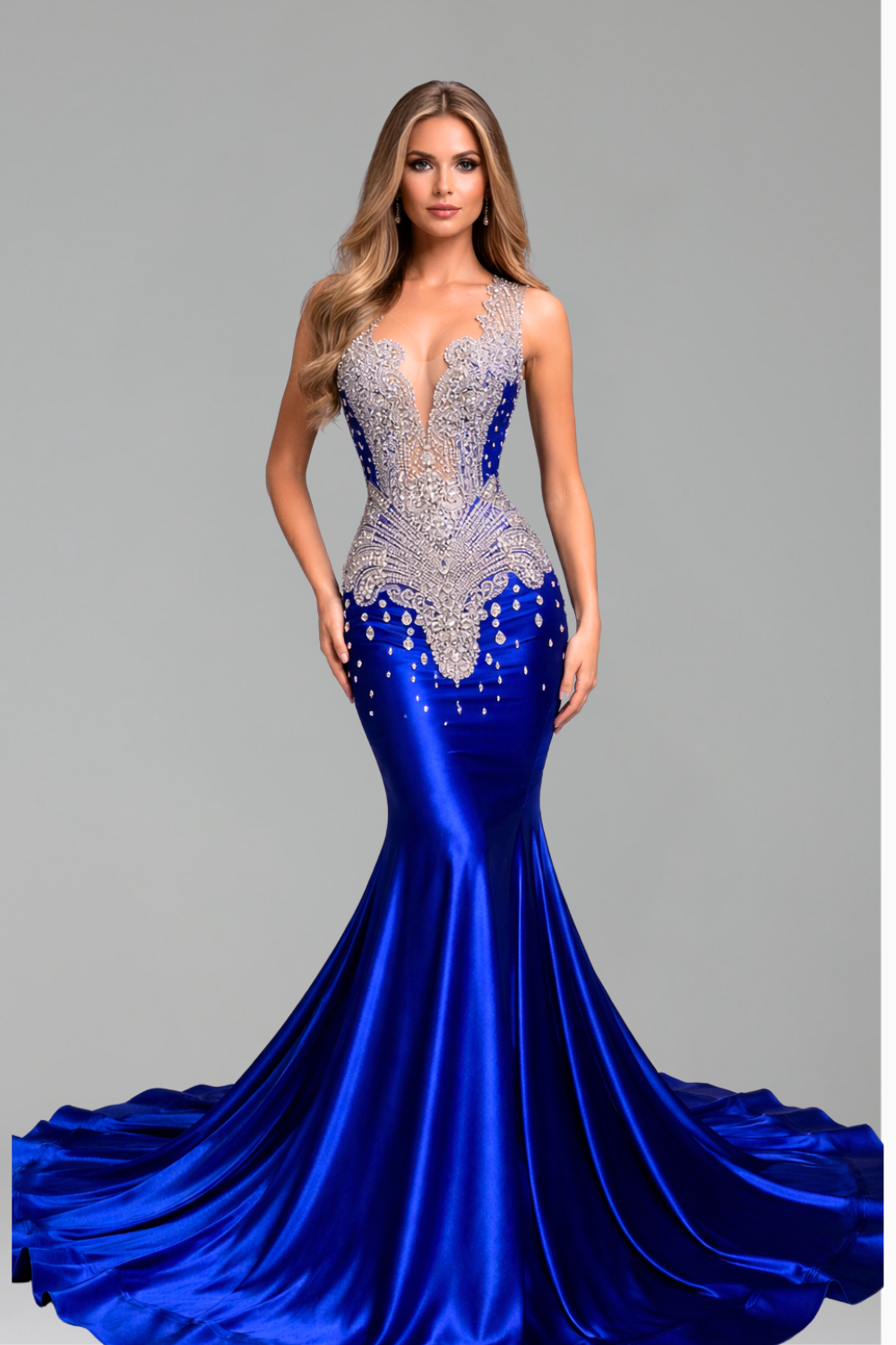 Beaded Illusion Satin Mermaid Gown - LAROSABRIDE