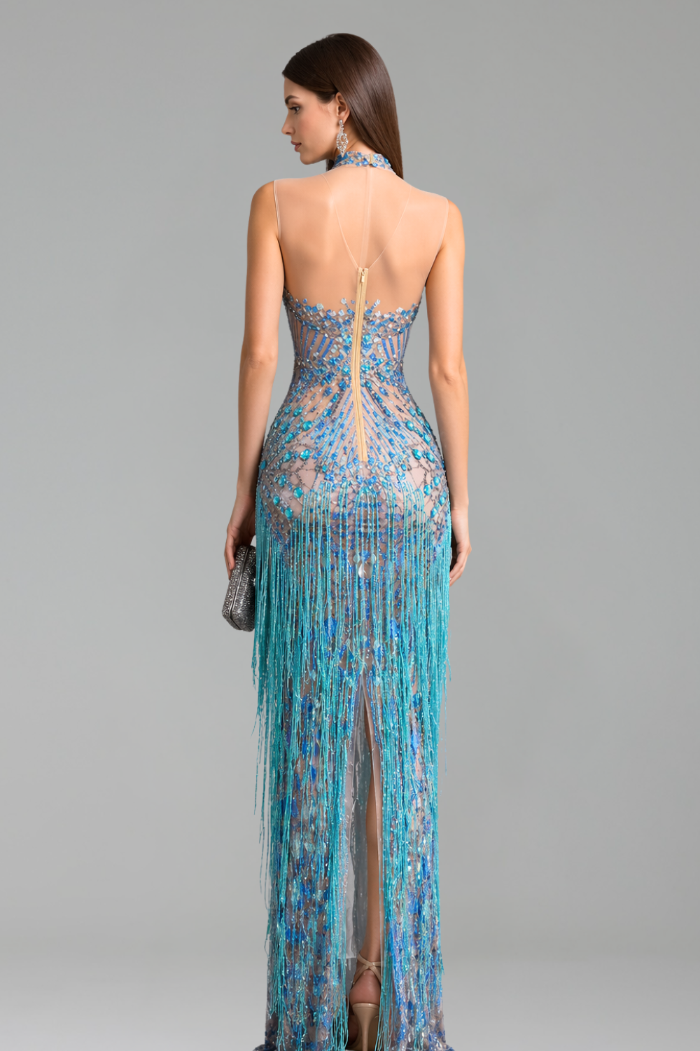 Sheer Crystal Fringe Halter Gown - LAROSABRIDE