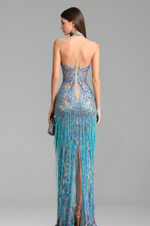 Sheer Crystal Fringe Halter Gown - LAROSABRIDE
