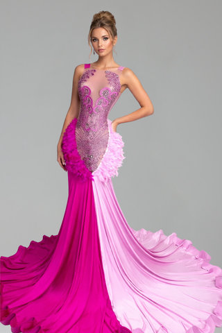 Two-Tone Feathered Mermaid Evening Gown - LAROSABRIDE