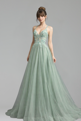 Beaded Appliques A Line Dress - LAROSABRIDE