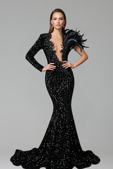 Sequin Feather Accent Gown - LAROSABRIDE