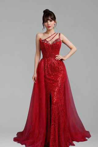 Crystal Beaded One Shoulder Dress - LAROSABRIDE