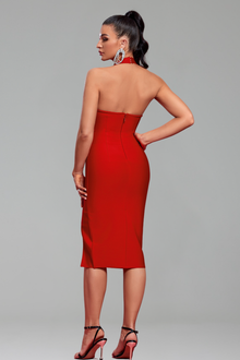 Bold Red Halter Midi Dress with Side Slit-Larosabride