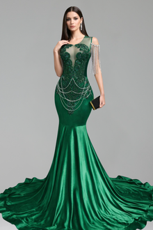 Asymmetric Beaded Fringe Mermaid Gown - LAROSABRIDE