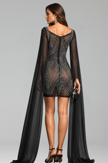 Crystal Embellished Sheer Cape Mini Dress - LAROSABRIDE