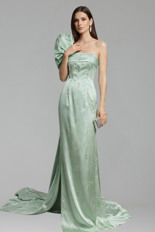 One-Shoulder Satin Evening Gown - LAROSABRIDE