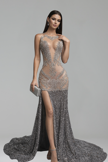 Crystal Embellished Illusion Slit Gown - LAROSABRIDE