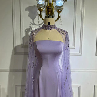 Ships in 2 to 5 Days - Elegant Lilac Strapless Evening Gown – Luxury Beaded Dress with Long Cape for Parties