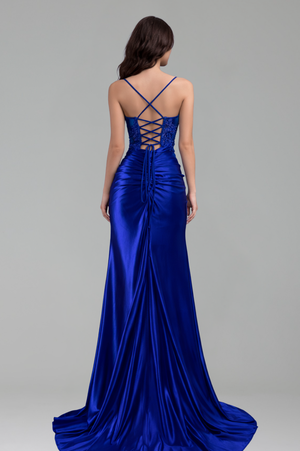 Satin Lace Beaded Slit Gown - LAROSABRIDE