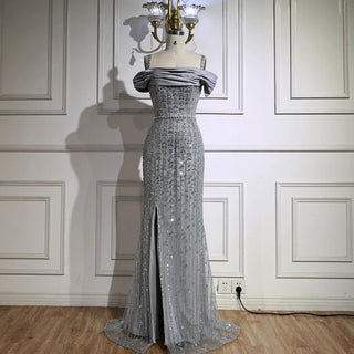 Silver Off-Shoulder Beaded Gown