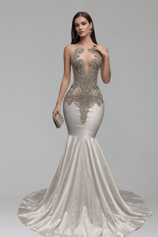 Illusion Embellished Satin Mermaid Gown - LAROSABRIDE