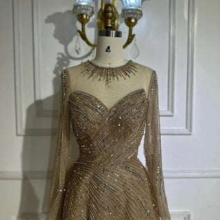 Ships in 2 to 5 Days -2025 Custom Saudi-Inspired Caramel Beaded A-Line Evening Gown – Formal Dress with Sheer Top