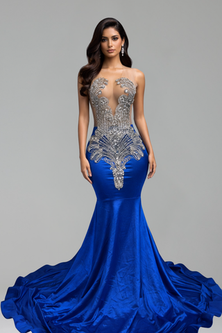 Beaded Illusion Mermaid Train Gown
