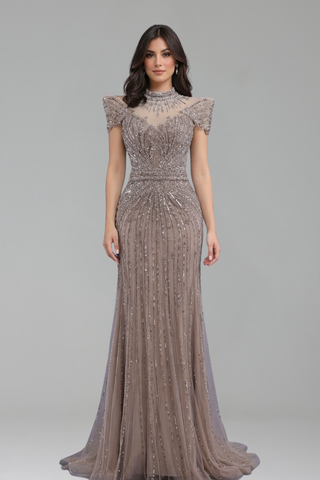Caramel Beaded Mermaid Evening Dress - LAROSABRIDE