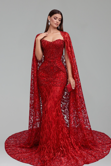 Red Lace Cape Mermaid Gown - LAROSABRIDE