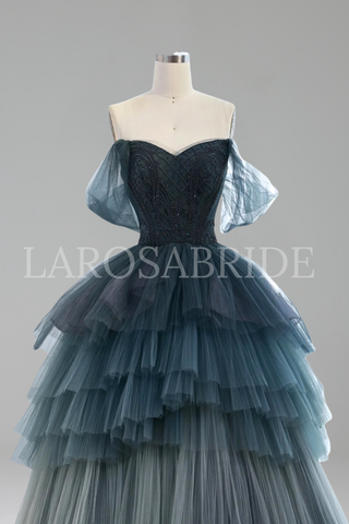 Off Shoulder A Line Tiered Tulle