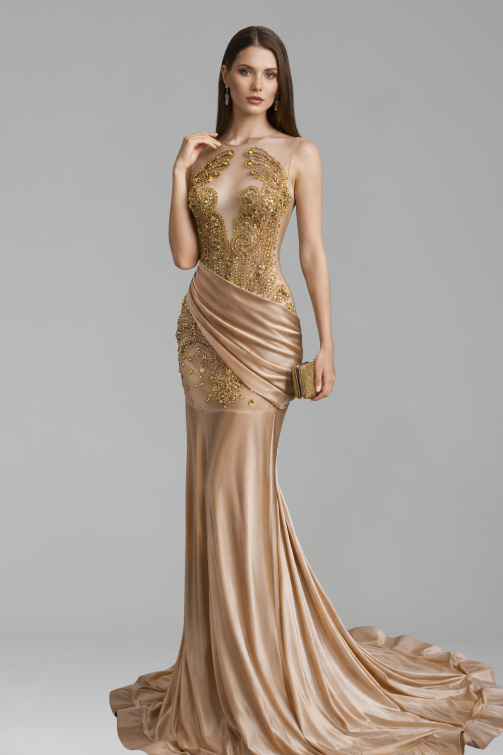 Beaded Illusion Draped Mermaid Gown - LAROSABRIDE