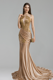 Beaded Illusion Draped Mermaid Gown - LAROSABRIDE