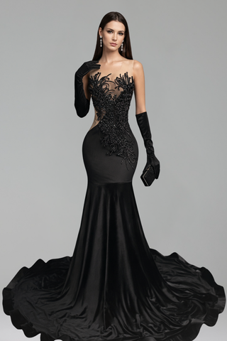 Sculpted Satin Illusion Mermaid Gown - LAROSABRIDE