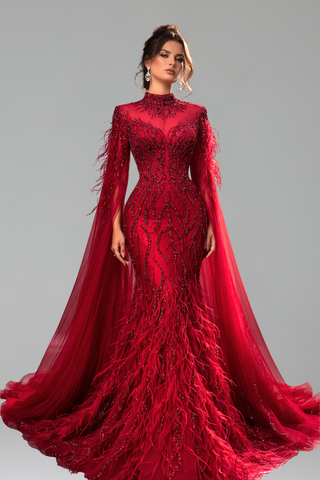 Beaded Feather Cape Sleeve Dress - LAROSABRIDE