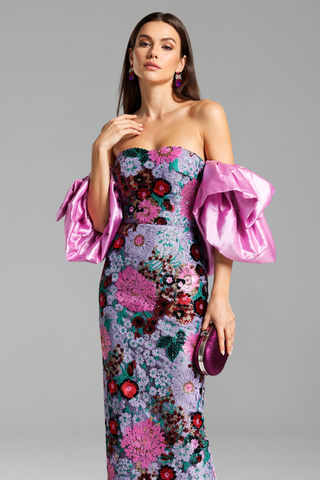 Floral Embroidered Strapless Midi Dress