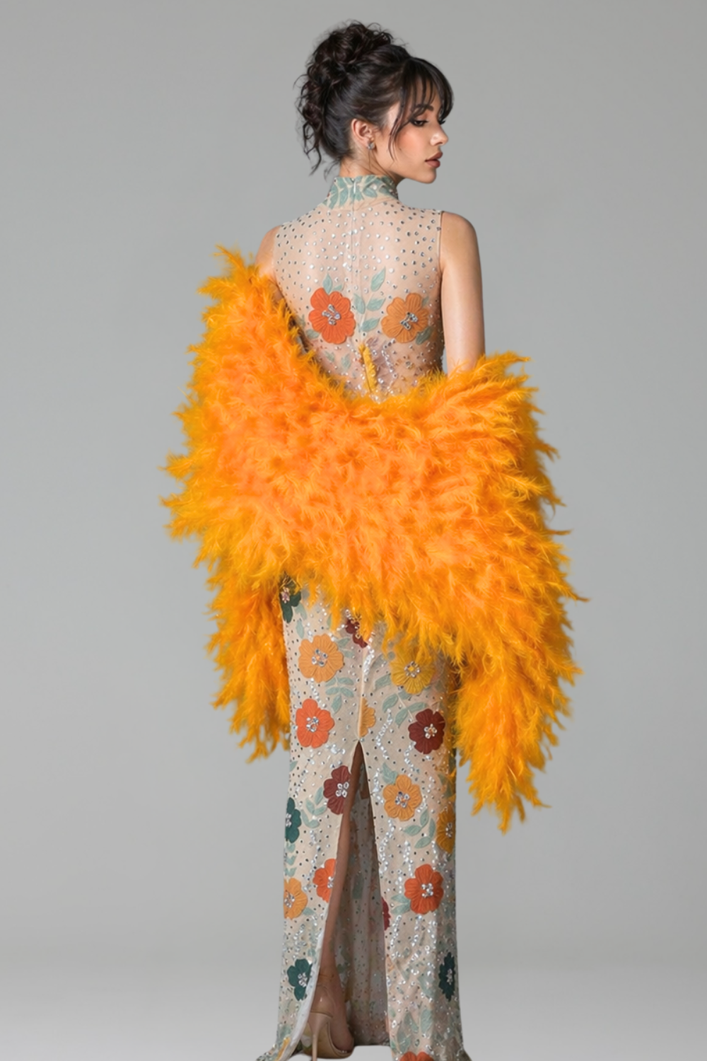 Floral High Neck Gown with Feathers - LAROSABRIDE