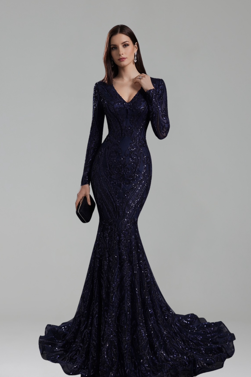 Long Sleeve Embellished Mermaid Gown - LAROSABRIDE