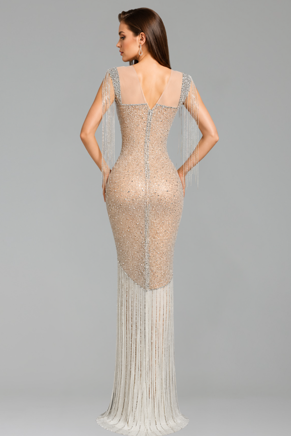 Crystal Fringe Slit Mermaid Gown - LAROSABRIDE
