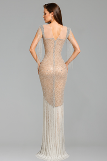 Crystal Fringe Slit Mermaid Gown - LAROSABRIDE