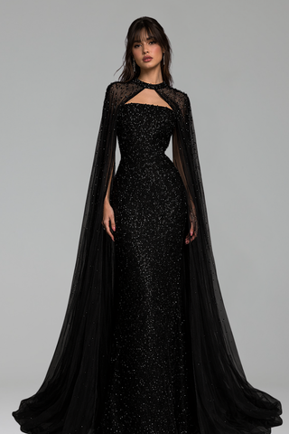 Beaded Mesh Cape Gown - LAROSABRIDE