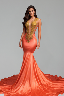 Illusion Plunge Satin Mermaid Gown - LAROSABRIDE