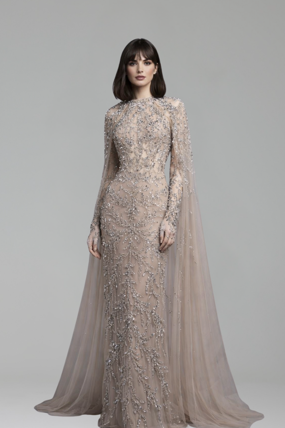 Beaded Cape Sleeve Mermaid Dress - LAROSABRIDE
