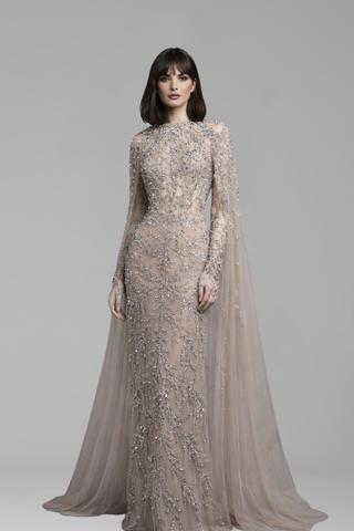 Beaded Cape Sleeve Mermaid Dress