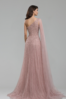 One Shoulder Beaded Evening Dress - LAROSABRIDE