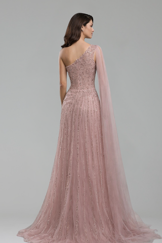 One Shoulder Beaded Evening Dress - LAROSABRIDE