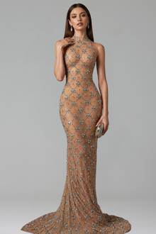Crystal Floral Halter Sheer Gown - LAROSABRIDE