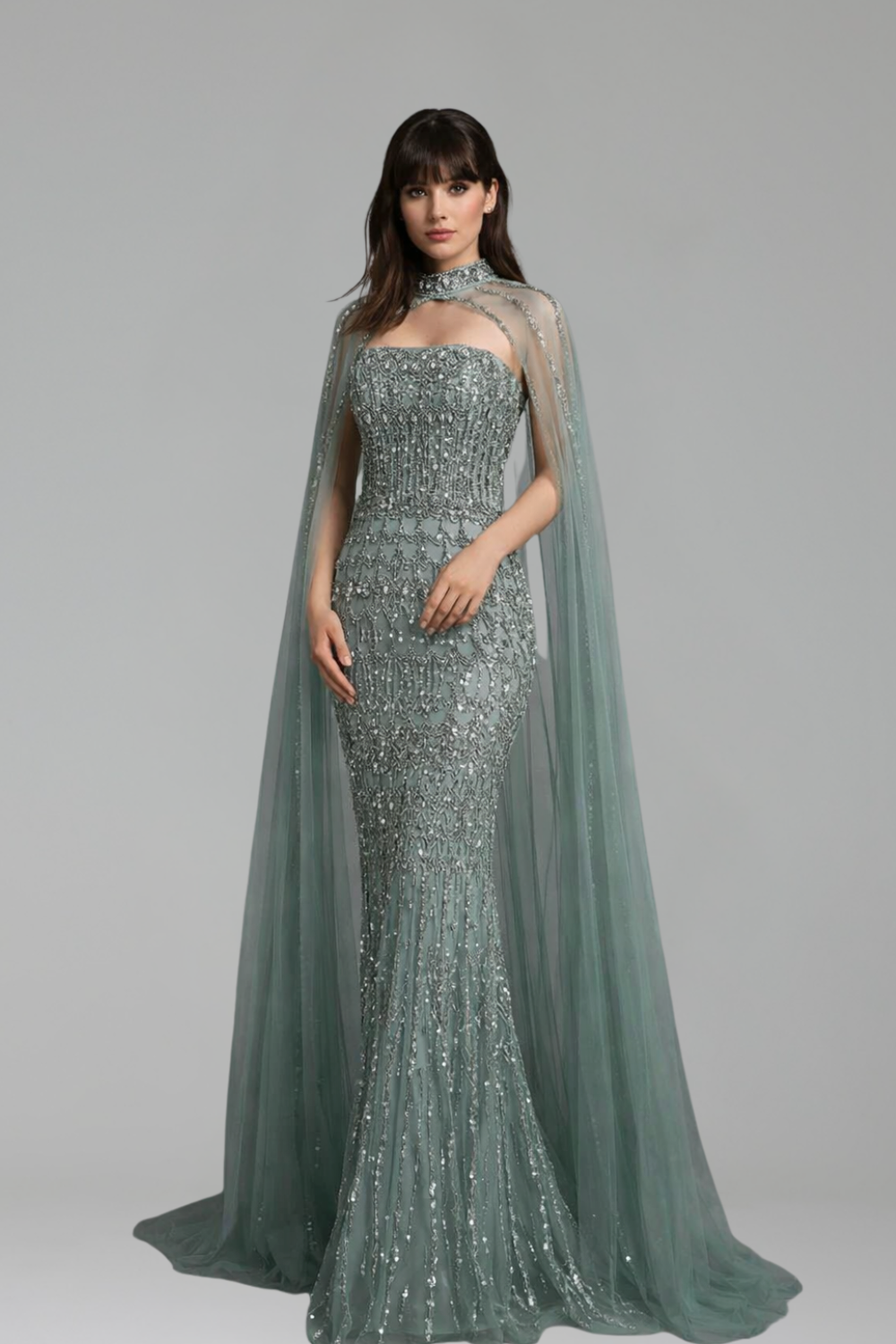 Beaded Mermaid Cape Dress - LAROSABRIDE