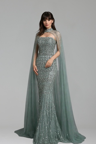 Beaded Mermaid Cape Dress - LAROSABRIDE