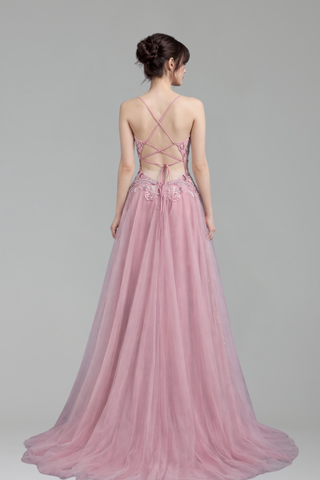 Beaded Spaghetti Strap A-Line Dress - LAROSABRIDE