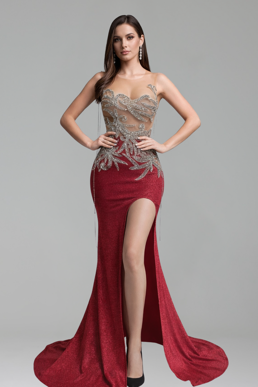 Illusion Embellished High Slit Gown - LAROSABRIDE