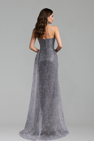 Gray Crystal Beaded One Shoulder Dress - LAROSABRIDE