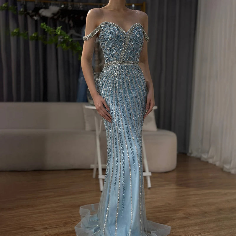 Ships in 2 to 5 Days - 2025 Blue Mermaid Prom Gown with Beaded Detailing - Luxury Saudi Evening Dress for Formal Occasions