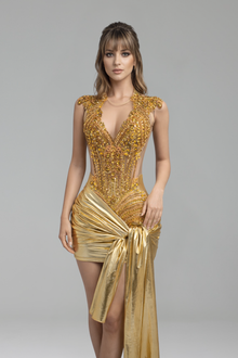 Gold Embellished Draped Mini Dress - LAROSABRIDE