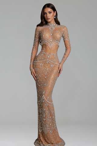 Ornate Crystal Fringe Illusion Gown