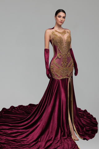 Beaded Velvet Evening Dress with Gloves - LAROSABRIDE