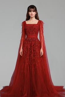 Beaded Feather A-Line Gown - LAROSABRIDE