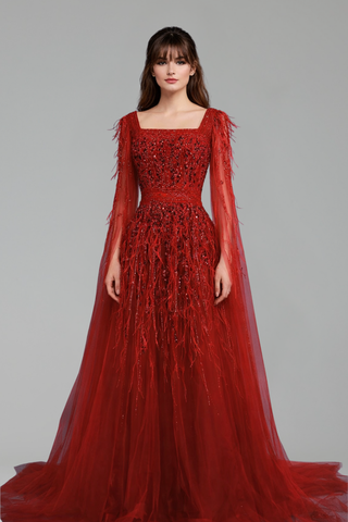 Beaded Feather A-Line Gown - LAROSABRIDE